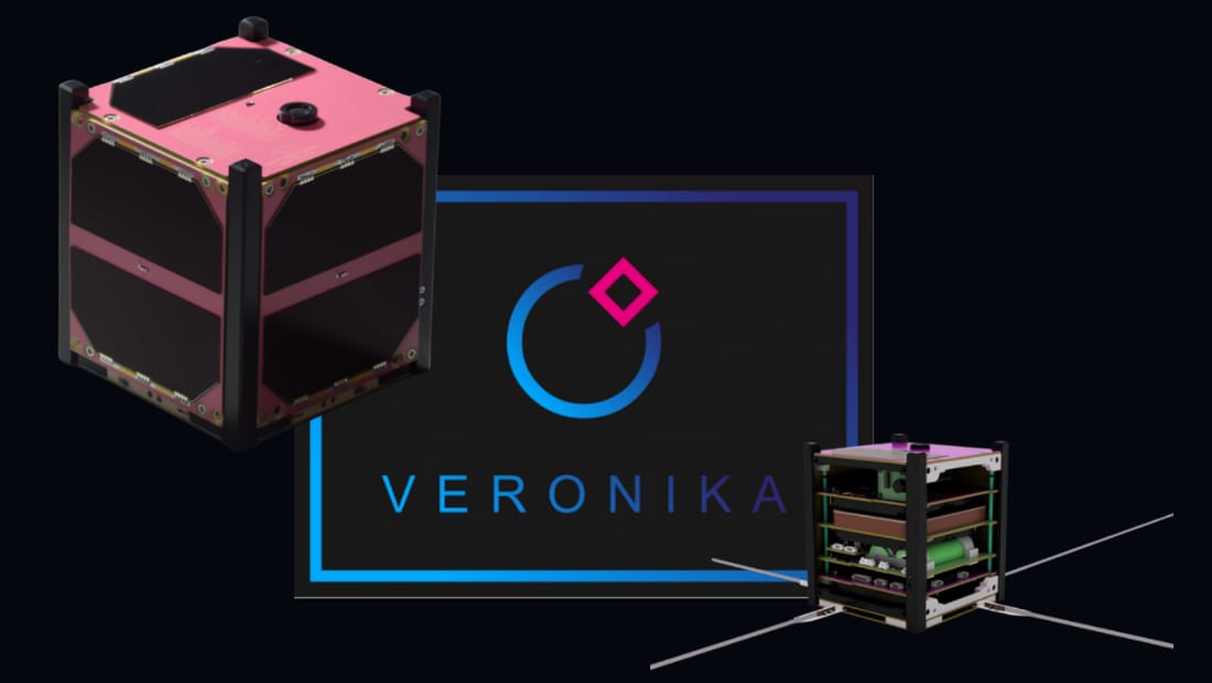 The VERONIKA CubeSat shown twice against black: on the left the assembled satellite with dark solar panels in a magenta-anodised frame, on the right the same bus opened to show its stacked circuit boards and deployed antenna wires. The VERONIKA wordmark and its blue-and-magenta mark sit between them.
