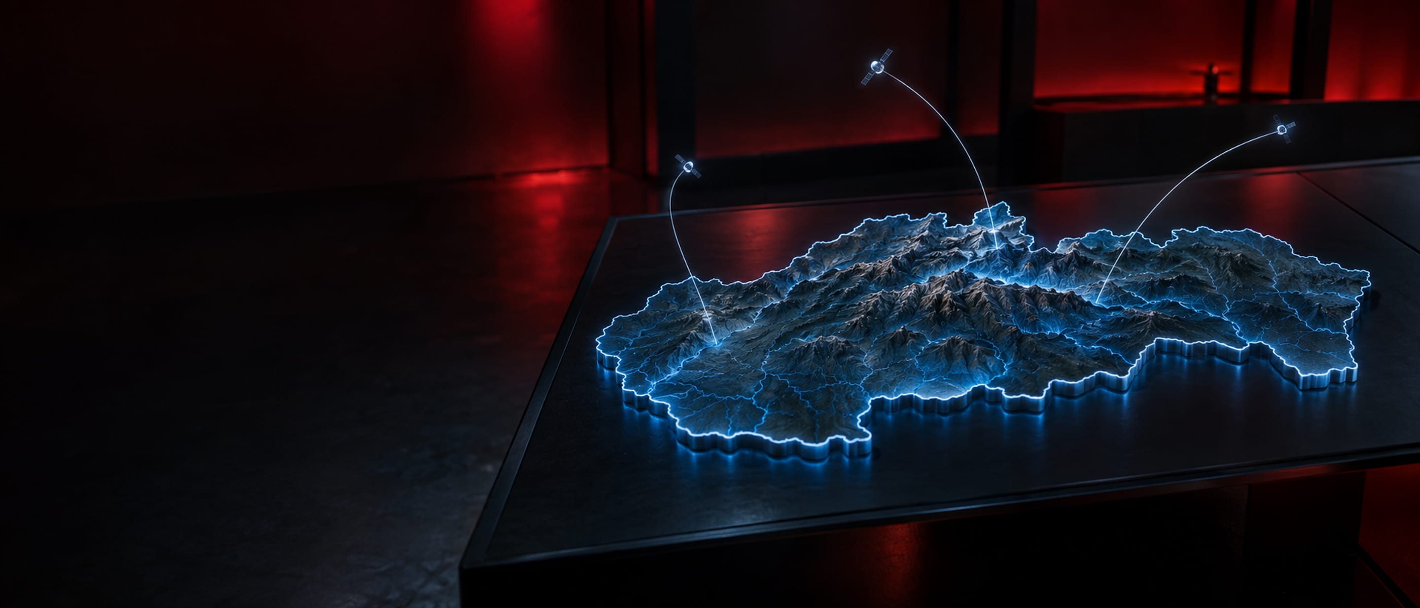 A glowing relief model of Slovakia stands on a dark table in a red-lit room, its border and river valleys picked out in blue light, with three fine arcs curving up from the terrain to small satellite models above it.